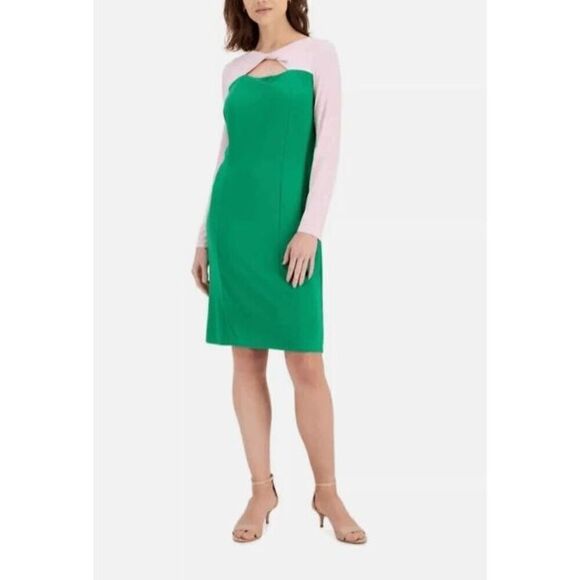 Kasper Women's Green & Pink Knot-Neck Colorblock Sheath Dress Size XXL - Picture 1 of 9
